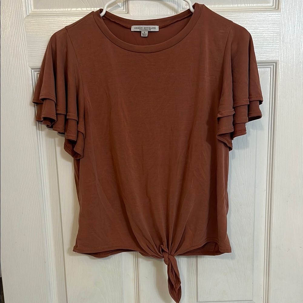 Green Envelope Orange Flutter Sleeve Crop Top